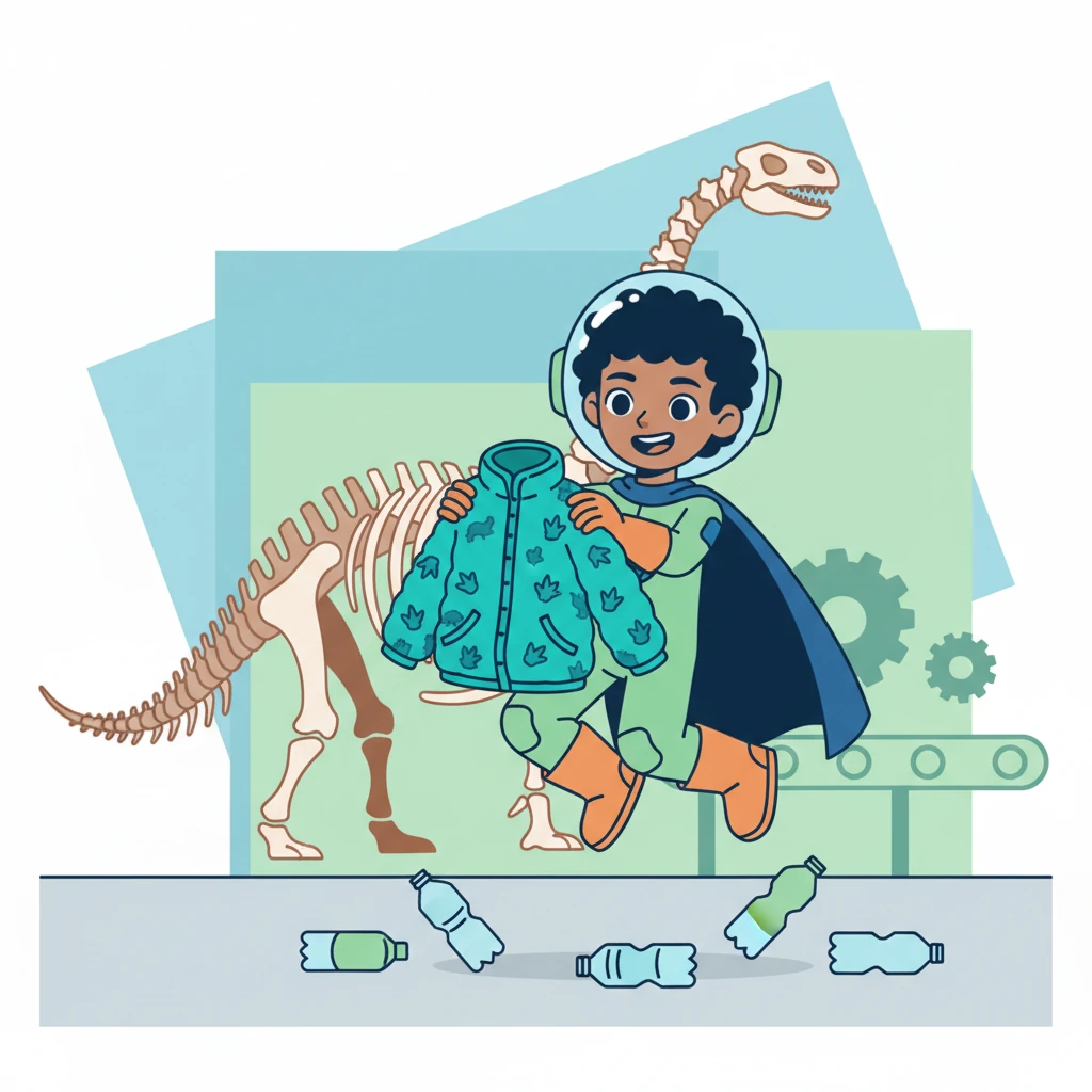 Pip learned that plastic lasts a very, very long time, even longer than a dinosaur! But he also discovered that old plastic bottles can be transformed into new, soft, fleecy jackets, giving them a whole new life.