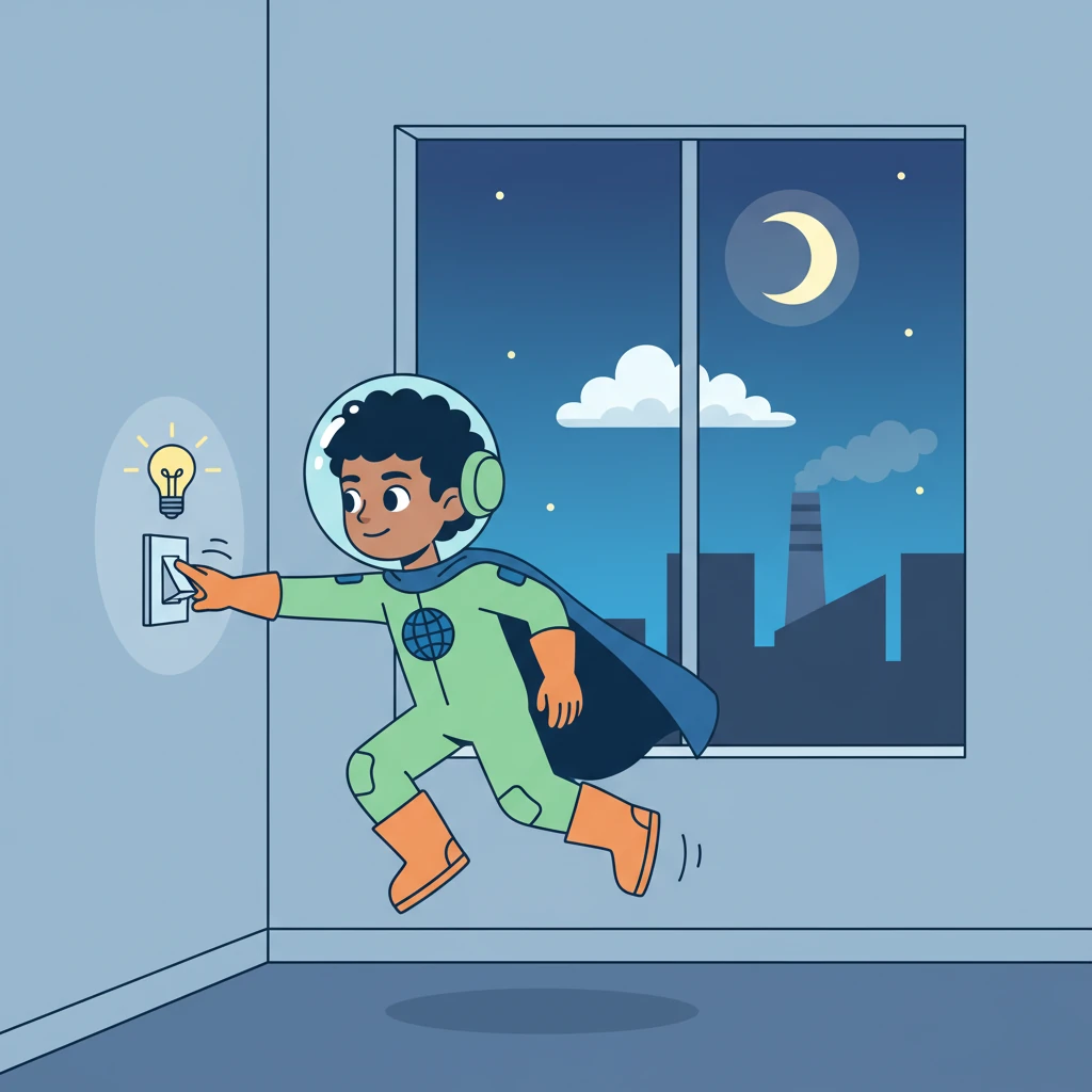 At home, Pip became the 'Light Ranger.' He understood that turning off lights when leaving a room saves energy. Less energy used means less smoke from power plants and a cleaner sky for everyone.