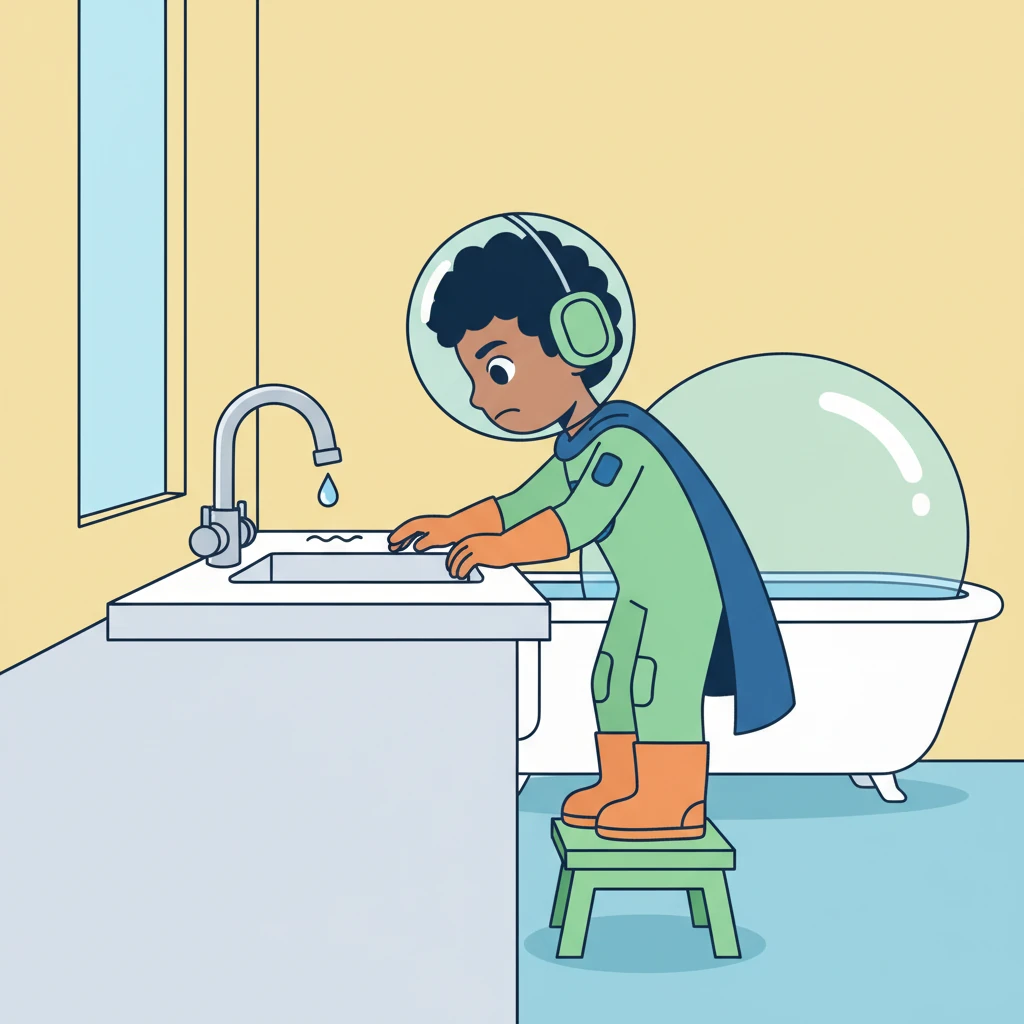 Pip saw a tiny drip from the kitchen faucet. He learned that a little drip, drip, drip can waste a lot of water, enough to fill a whole bathtub! He made sure to always turn faucets off tightly.