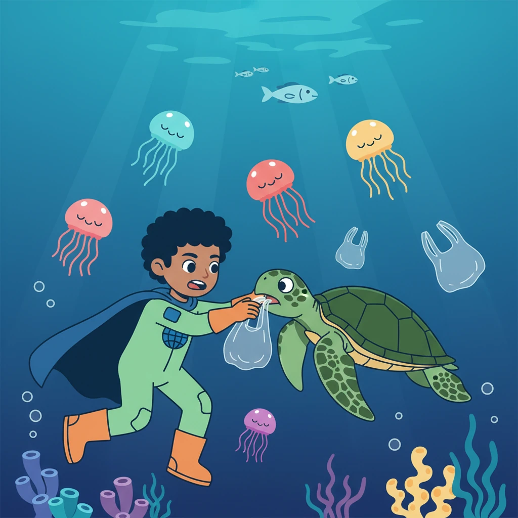 Pip heard about turtles who mistake plastic bags floating in the ocean for yummy jellyfish, which makes them very sick. He knew that using less plastic helps keep the ocean safe and full of real treats for sea creatures.