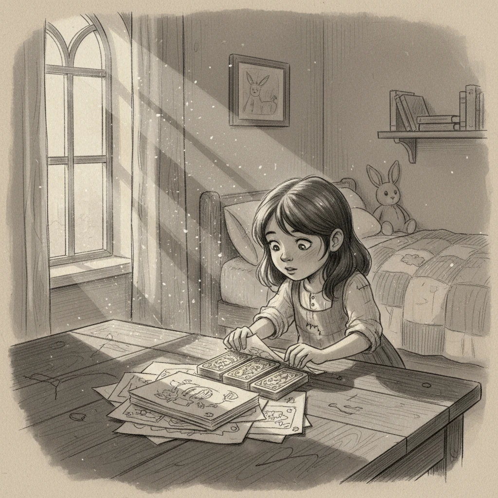 A quiet morning in Lily's cozy room. Sunlight streams through the window, illuminating dust motes dancing in the air. On her old wooden desk, tucked beneath a stack of forgotten drawings, sits a mysterious, ornate deck of cards. Its edges gleam faintly, hinting at secrets within.