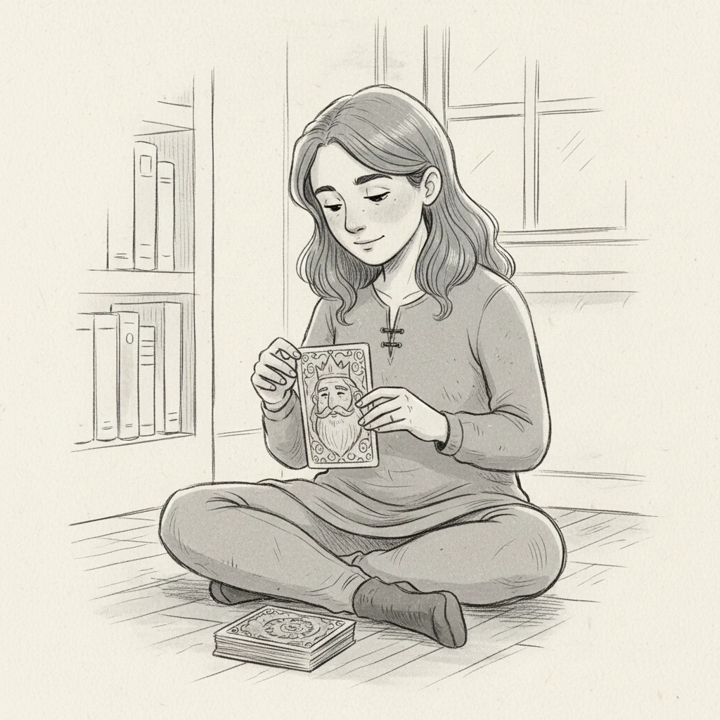 Lily gently picks up the deck, her fingers tracing the intricate patterns. As she flips the first card, a kind face with a thoughtful beard appears: it is the King, his eyes twinkling with wisdom. He seems to nod, a silent promise of helpful advice.