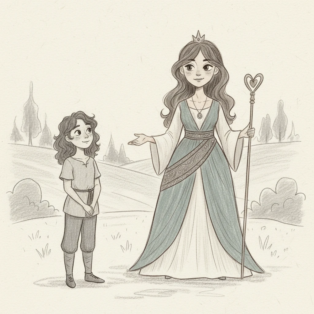 Next, the Queen emerges, her graceful silhouette drawn with soft, flowing lines. A gentle smile plays on her lips, and her outstretched hand seems to offer comfort and warmth. Lily feels a wave of calm wash over her, a sense of quiet joy.