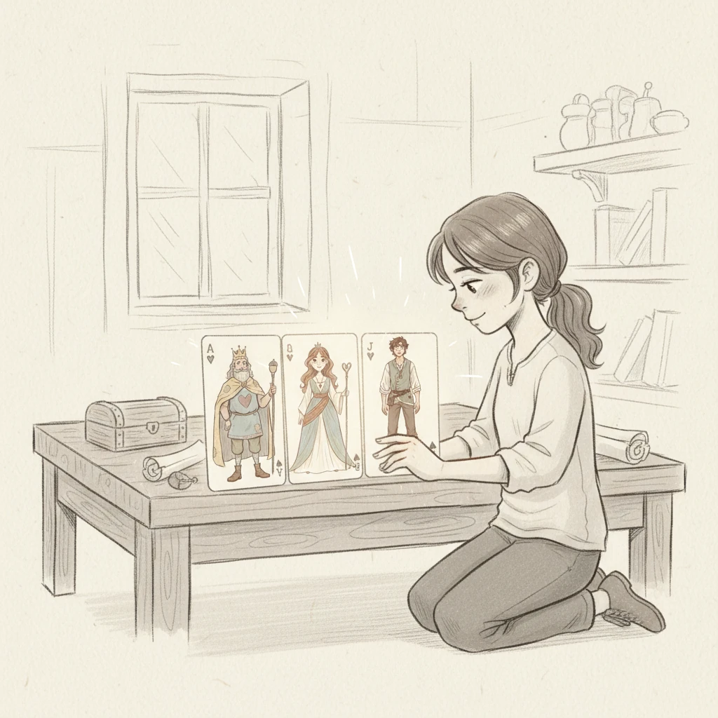 Lily carefully arranges the three cards side-by-side on her desk. The King, Queen, and Jack stand together, their unique personalities blending into a harmonious team. A faint, soft glow emanates from them, a silent hum of their combined magic and friendship.