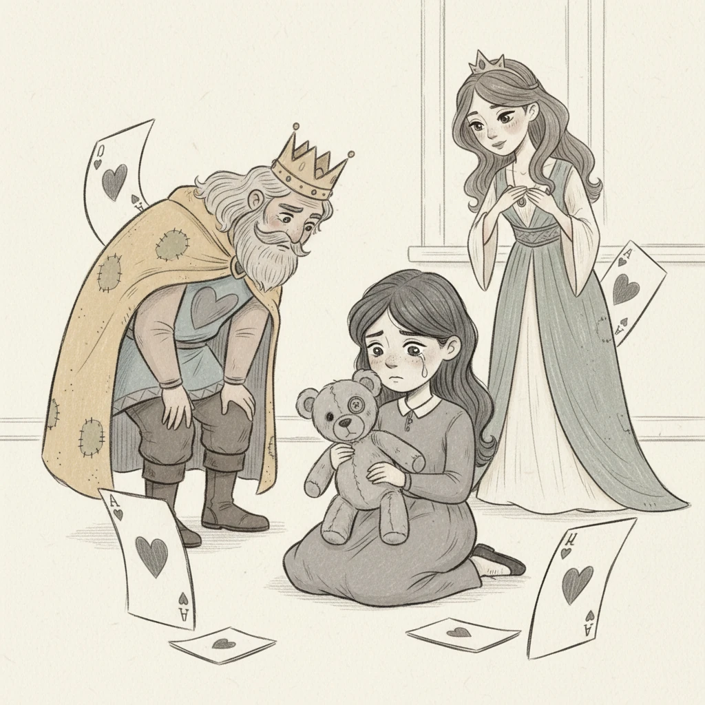 Suddenly, Lily notices her favorite teddy bear, Barnaby, is missing an eye. A tiny tear wells in her own eye, feeling sad for her beloved toy. The cards seem to stir, their expressions shifting with concern, ready to help.