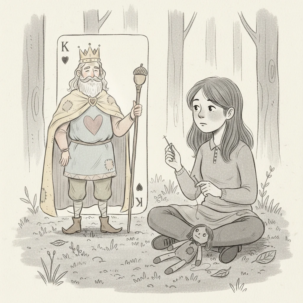 The King card glows a little brighter, and Lily imagines his deep voice suggesting, "Perhaps a needle and thread, and a little patience, would make Barnaby whole again." His wise gaze encourages her to think of a solution.
