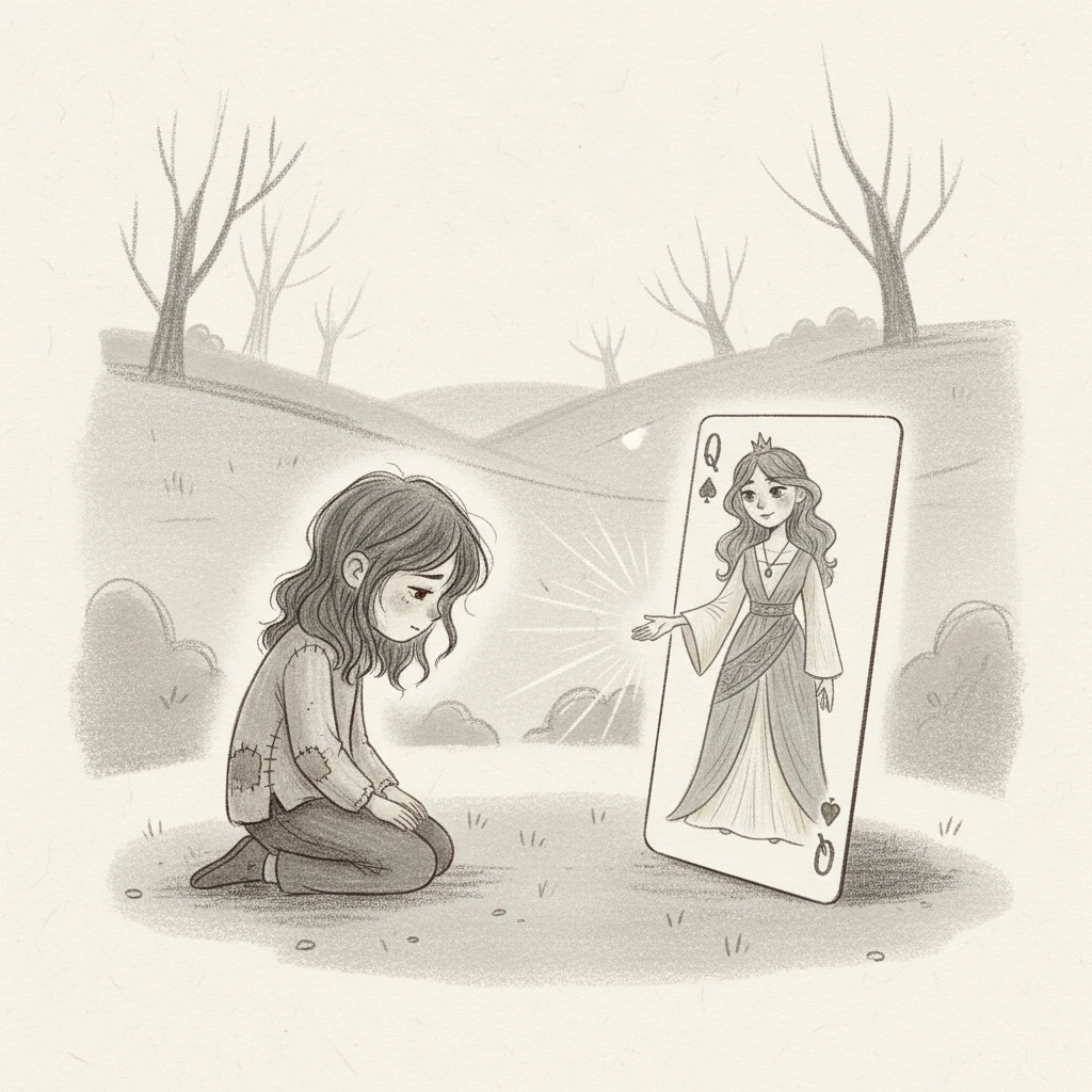 The Queen card extends her hand, a feeling of gentle reassurance filling the air around Lily. "Don't worry, dear Lily," her silent presence seems to whisper, "we will help you make Barnaby feel loved again." Her kindness soothes Lily's sadness.