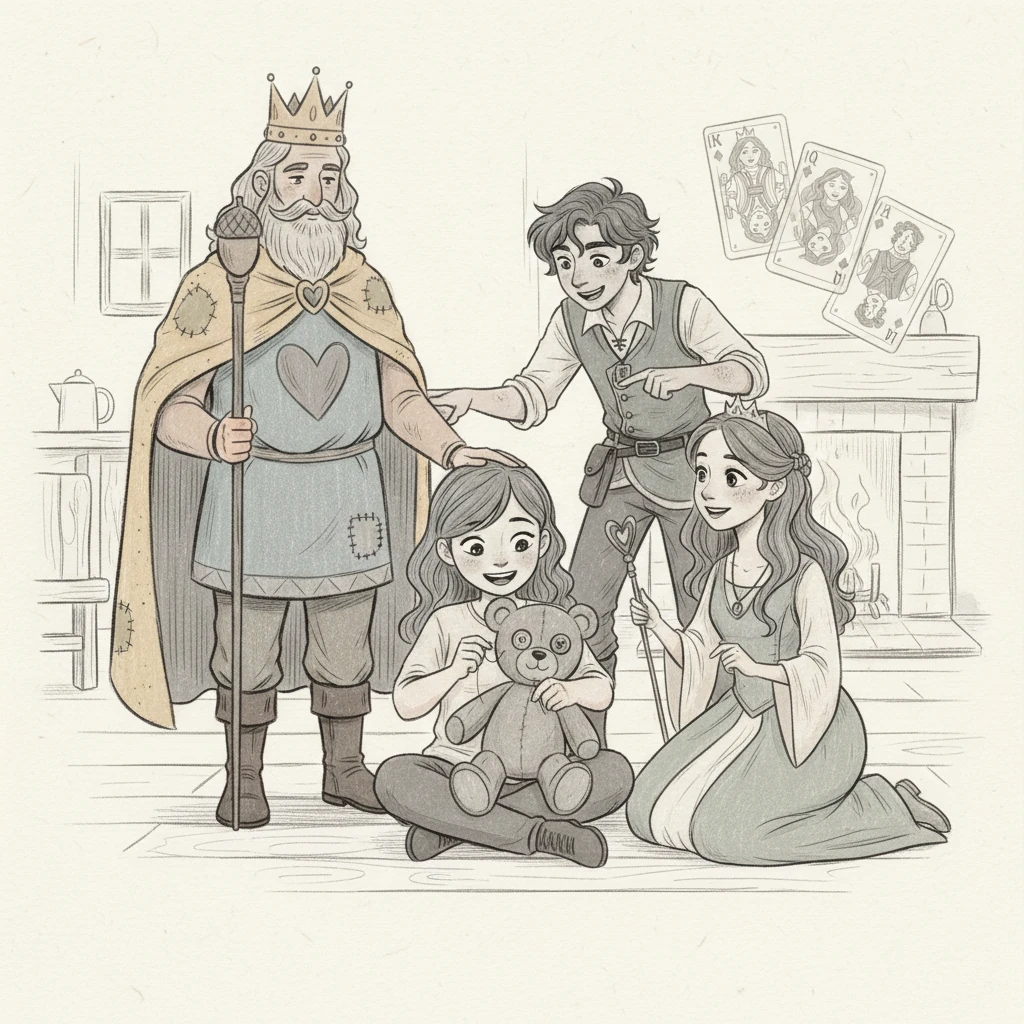 With the King's wisdom, the Queen's comfort, and the Jack's playful encouragement, Lily carefully sews Barnaby's eye back on. The teddy bear looks happy and whole again, and Lily smiles brightly. The Royal Cards shimmer, proud of their friend and the kindness shared.