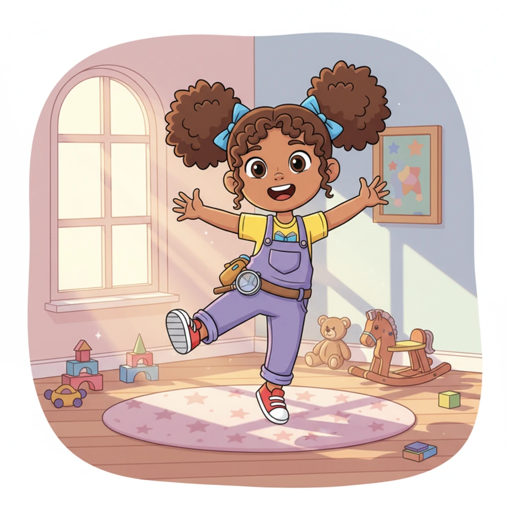 Once upon a time, there was a happy little girl named Lily. She loved to play and explore, filling her sunlit room with giggles and joyful bounces. Her bright eyes sparkled with curiosity as she danced and twirled, a true ray of sunshine.