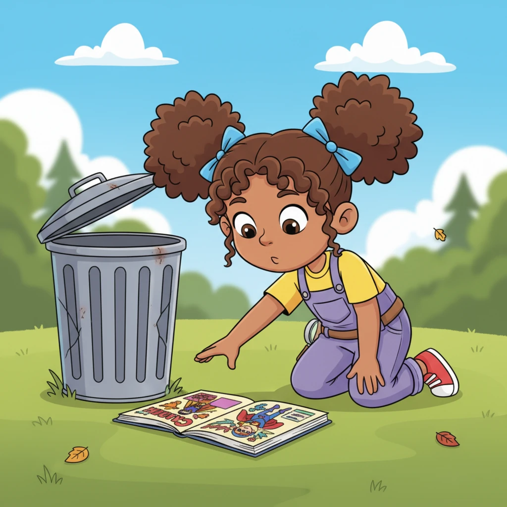 One day, while playing outside, Lily spotted something colorful near a metal trash can. Kneeling down, she peered with curiosity at a vibrant comic book lying forgotten. Its cover promised thrilling tales and fantastic characters.