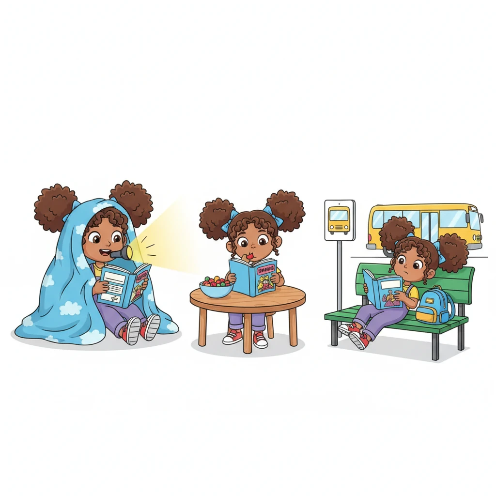 Lily couldn't put the comic down, reading it everywhere she went. She read under her cozy blanket, during snack time, and even while waiting for the bus. Every page turned was a new adventure, a secret world just for her.