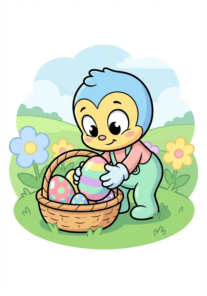 First, Runny gathered all the colorful Easter eggs. There were big eggs, small eggs, striped eggs, and polka-dotted eggs! He carefully placed them in his basket, making sure not to drop any.