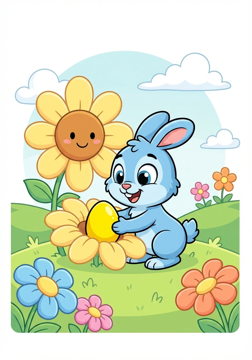 Runny hopped through the meadow, looking for the perfect hiding spots. He found a cozy spot under a big, blooming sunflower. He nestled a bright yellow egg amongst the petals.