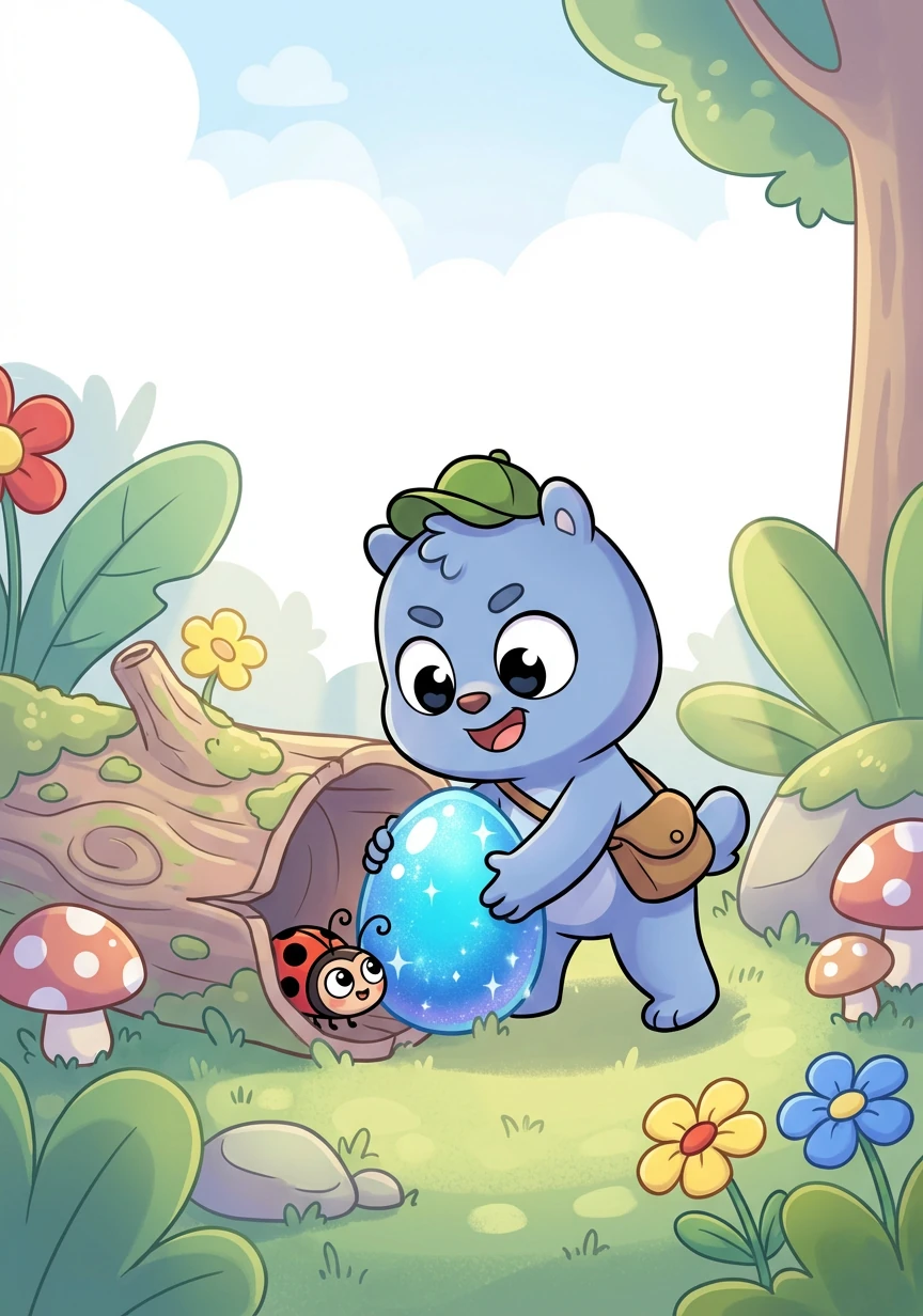 Next, he scurried into the forest. He spotted a hollow log and tucked a sparkly blue egg inside. A little ladybug peeked out, curious about the shiny egg.