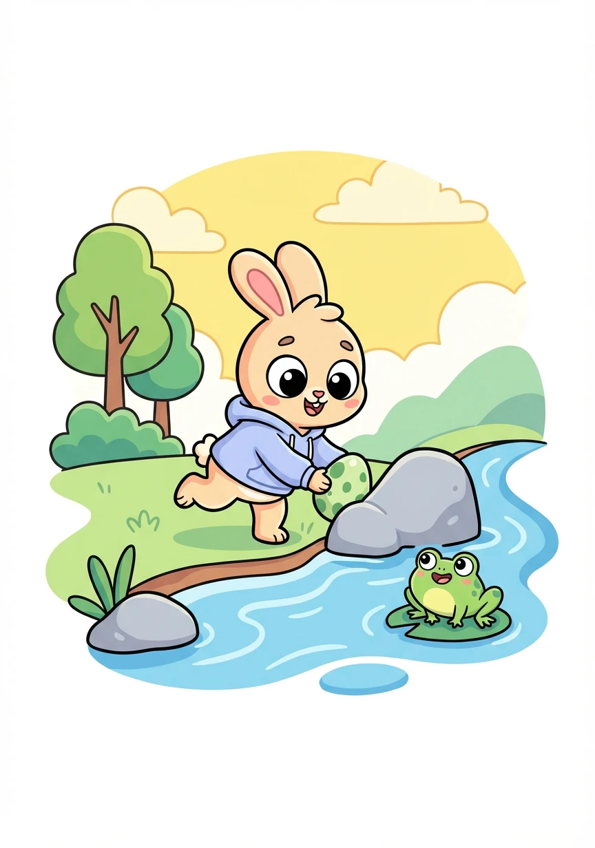 Runny hopped towards the river. He carefully placed a green egg behind a smooth, gray rock near the water's edge. A playful frog watched him with wide eyes.