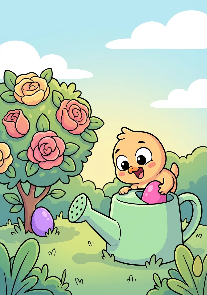 He continued his adventure, finding creative spots in the garden. He hid a pink egg inside a watering can and a purple egg beneath a rose bush.