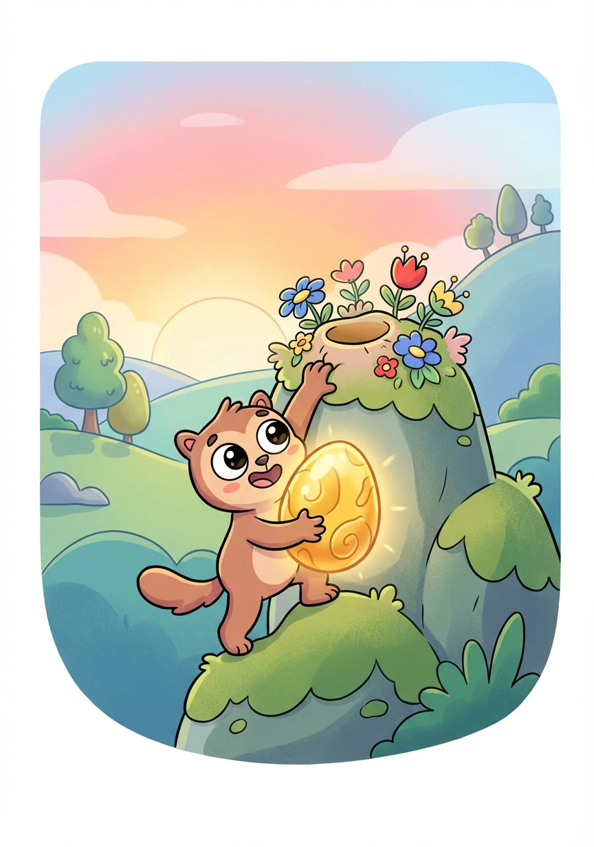 As the sun began to rise, Runny had only one egg left! It was a special golden egg, the most beautiful of them all. He needed to find the perfect spot.