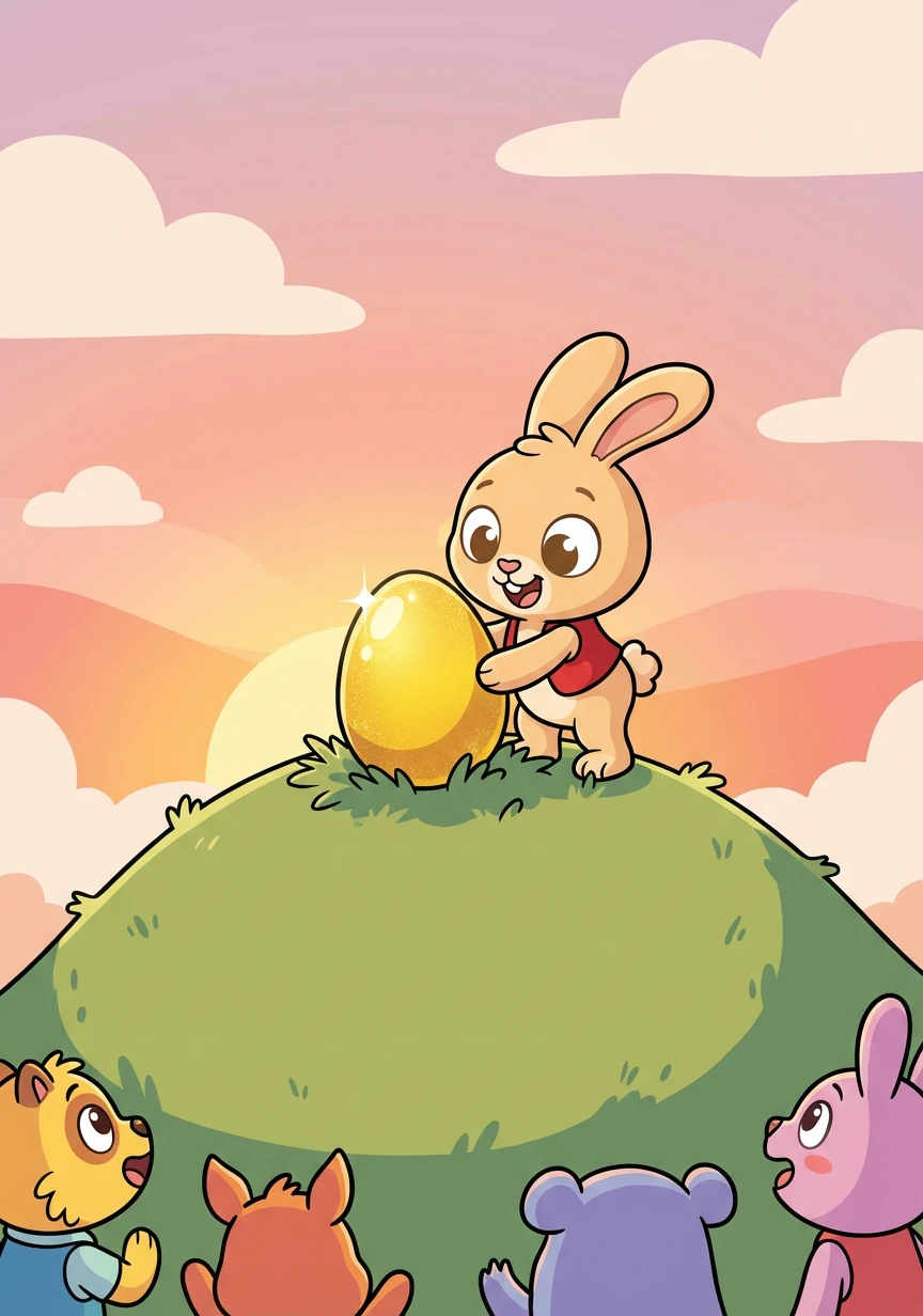 Runny hopped to the top of the highest hill. He carefully placed the golden egg right in the center, where everyone could see it sparkle in the morning light.