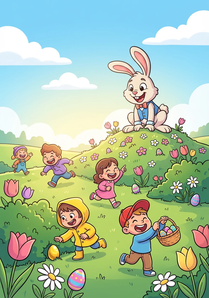 Finally, Runny the Easter Bunny smiled, his job was done! He watched as children woke up and began their Easter egg hunt, filled with joy and excitement. Happy Easter!