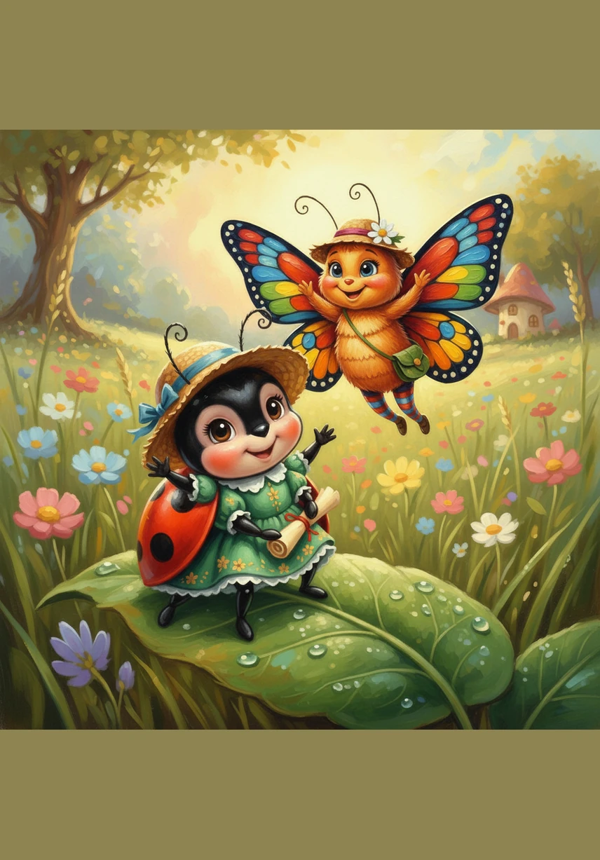 Lucy the Ladybug wakes up on a soft green leaf. She stretches her tiny legs and counts the beautiful black spots on her shiny red back.