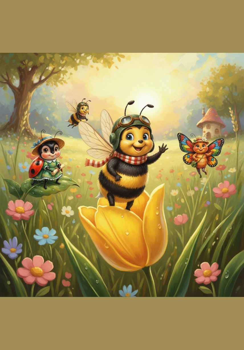Barnaby the Bee flies by with a cheerful buzz. He lands on a bright yellow tulip to collect sweet nectar and wave hello to the morning sun.