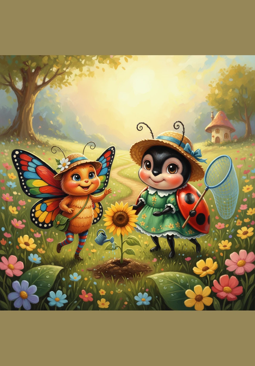 The three friends meet in the middle of a big white daisy. They wiggle their antennae at each other and decide to spend the whole day playing together.