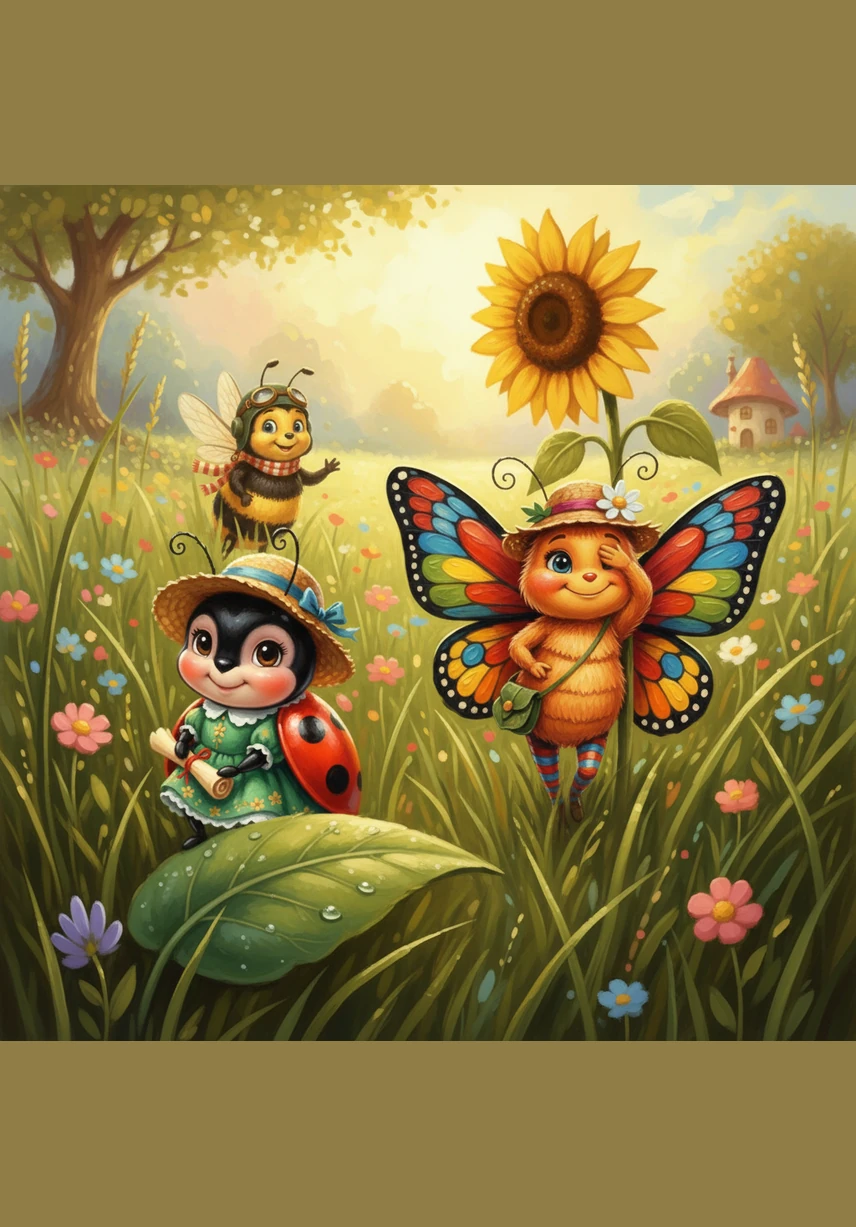 It is time for a game of hide-and-seek among the tall, swaying grass. Lucy hides perfectly under a fallen red flower petal while her friends look for her.