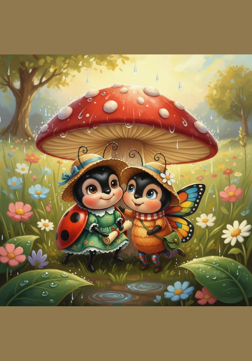 A gentle spring rain begins to pitter-patter softly on the leaves. The three friends huddle together under the cap of a big, spotted mushroom to stay dry and cozy.