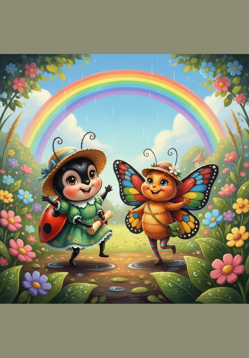 When the rain stops, a magnificent rainbow stretches across the bright blue sky. Lucy, Barnaby, and Bella dance for joy in the fresh, clean garden air.