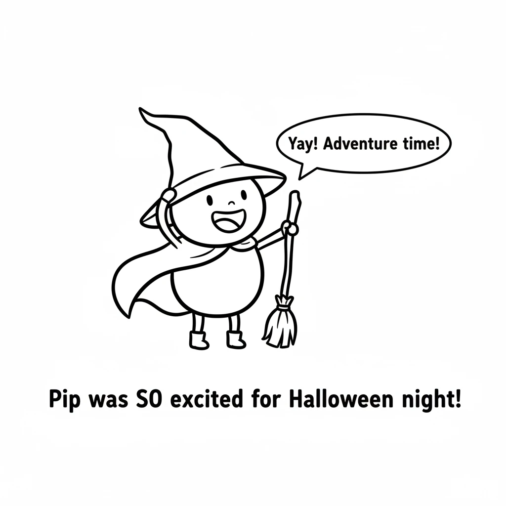 Little Pip, a tiny witch with a big smile, was so excited for Halloween night. She picked out her pointy hat and swishy cape, ready for adventure. Bla