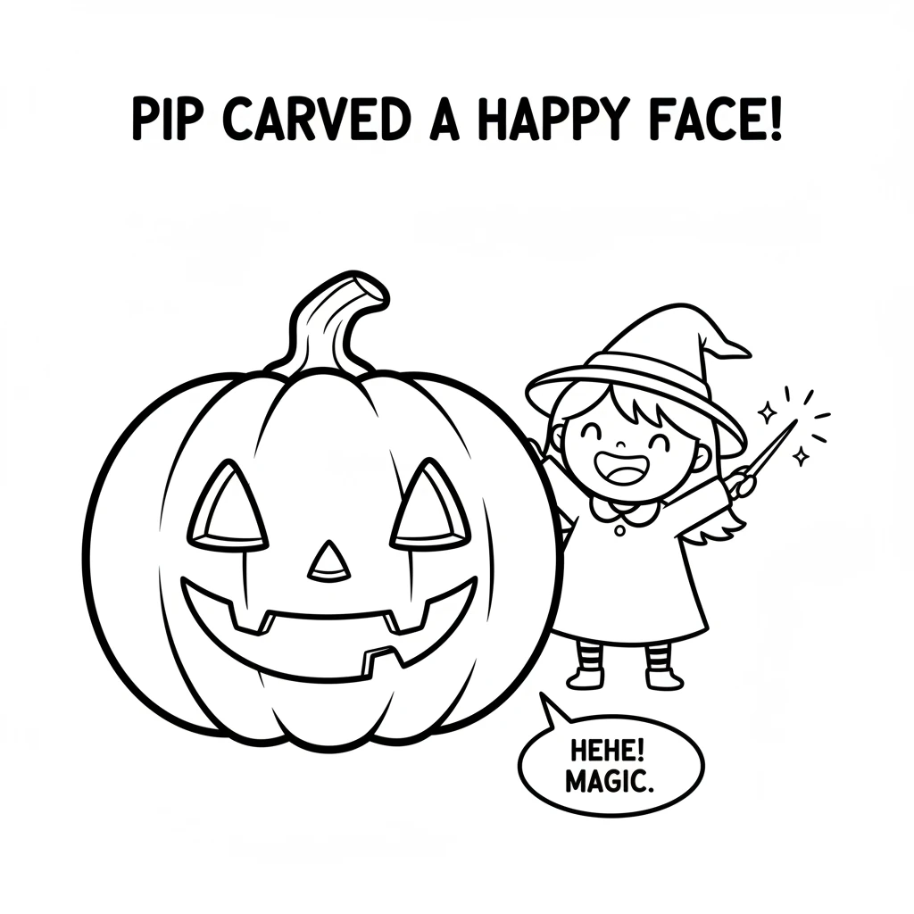 First, Pip found the biggest, roundest pumpkin in her patch. With a little magic and a lot of giggles, she carved a friendly, happy face. Black and wh