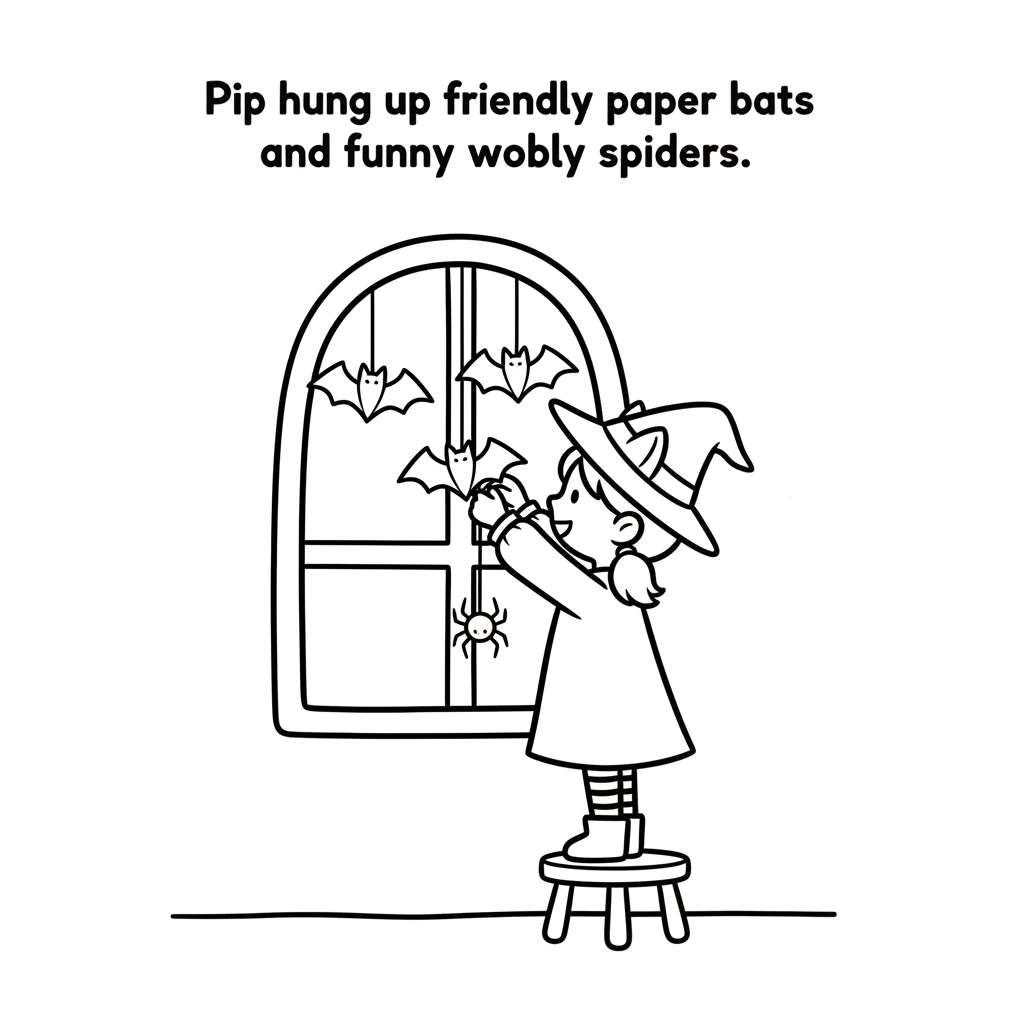 Next, Pip hung up friendly paper bats and funny wobbly spiders. Her cozy cottage was now sparkling with Halloween cheer. Black and white simple line d