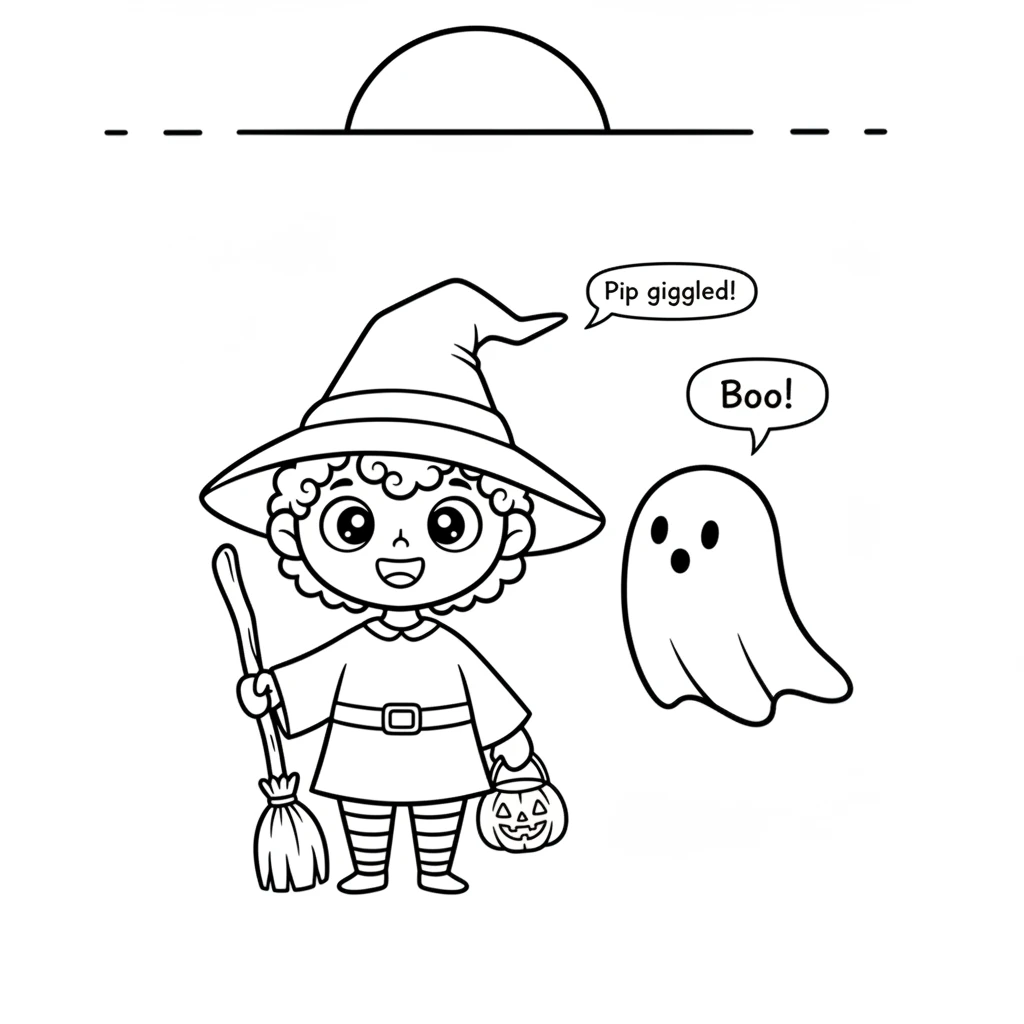 Just as the sun began to set, a little white ghost floated by. "Boo!" said the ghost, but it was a friendly "Boo!", and Pip giggled. Black and white s