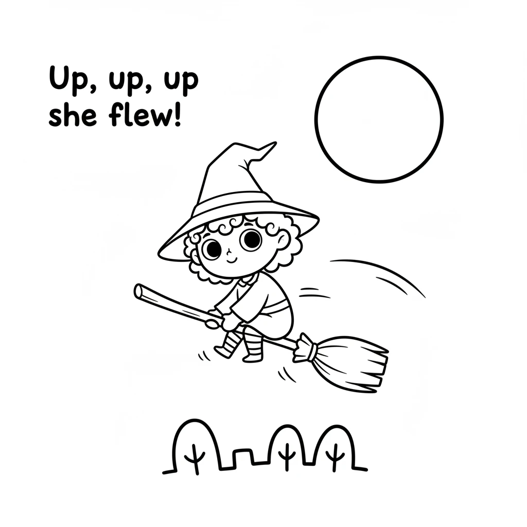 With a hop and a swish, Pip climbed onto her broomstick. Up, up, up she flew, under the big, round Halloween moon. Black and white simple line drawing