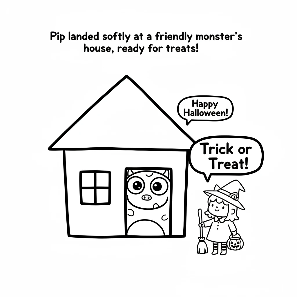 Pip landed softly at a friendly monster's house. It had big, goofy eyes and a wide, welcoming smile, ready for trick-or-treaters. Black and white simp