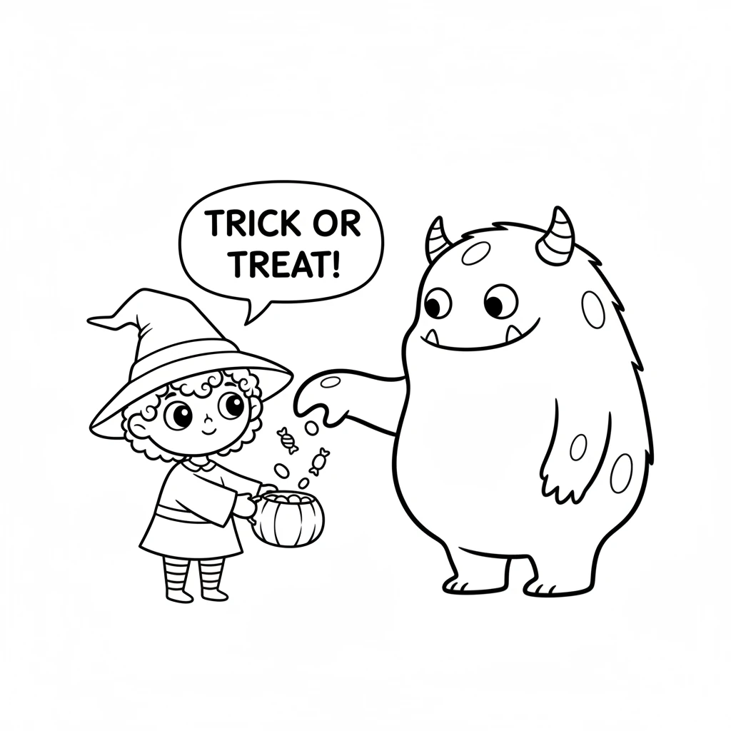 "Trick or Treat!" Pip chimed, holding out her little pumpkin pail. The friendly monster dropped in a handful of yummy candies. Black and white simple