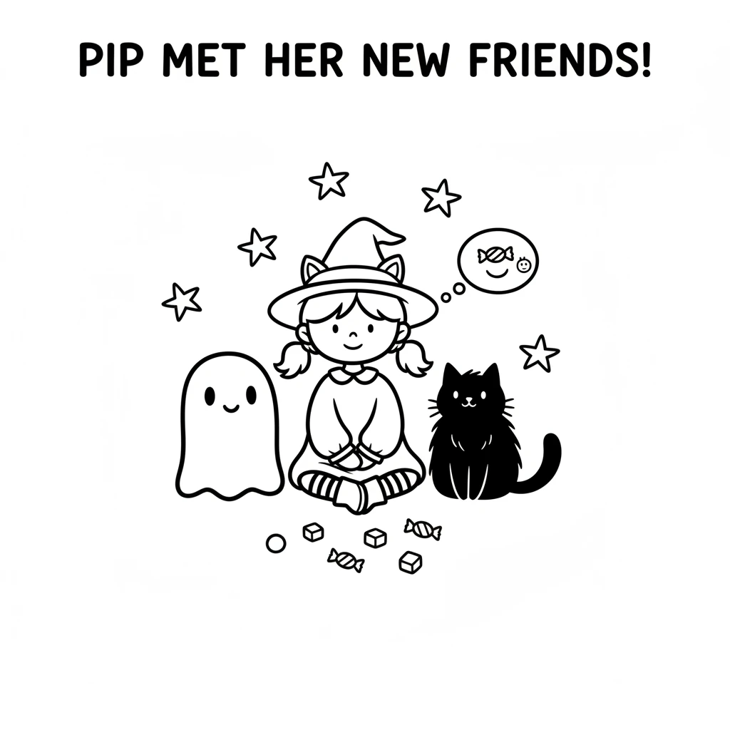 Pip met her ghost friend and a fluffy black cat. They all sat together, sharing their sweet treats under the twinkling stars. Black and white simple l