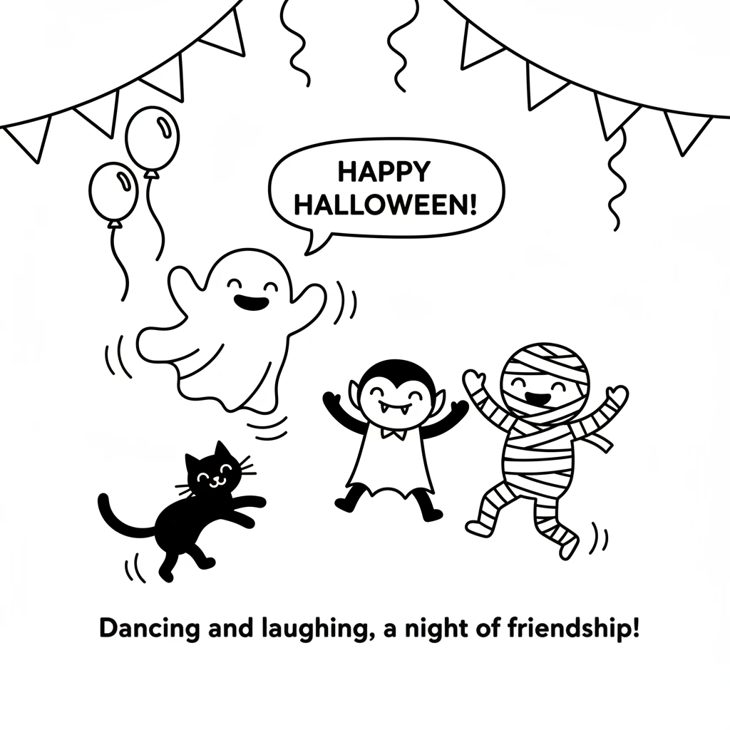 Everyone gathered for a joyful Halloween party. They danced and laughed, making the night sparkle with fun and friendship. Black and white simple line
