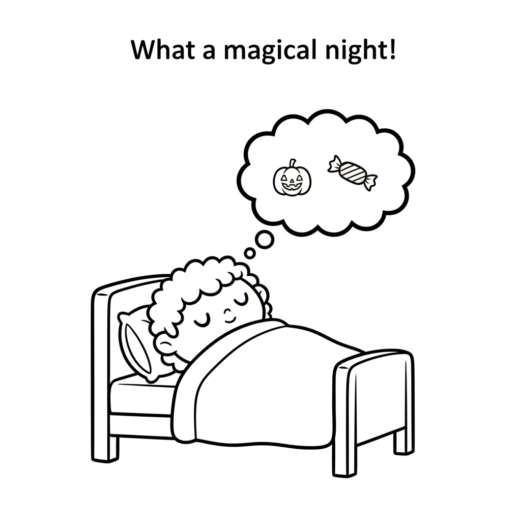 Tired but happy, Pip snuggled into bed, dreaming of pumpkins, candy, and all her wonderful Halloween friends. What a magical night! Black and white si