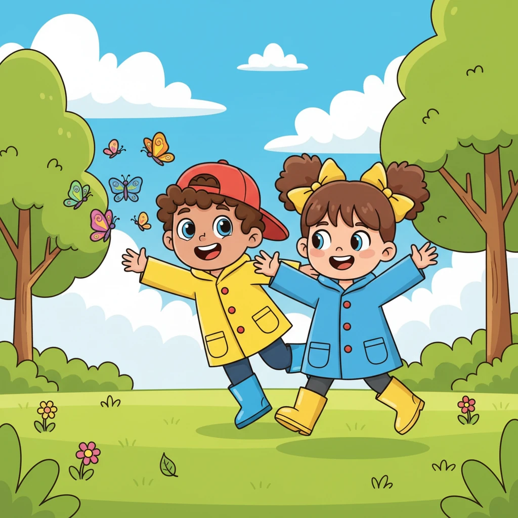 Jane and Peter, best friends with bright smiles, giggled as they chased butterflies in a sun-drenched park. The sky was a brilliant blue, and fluffy white clouds drifted lazily overhead. They loved playing hide-and-seek among the tall, swaying green trees.