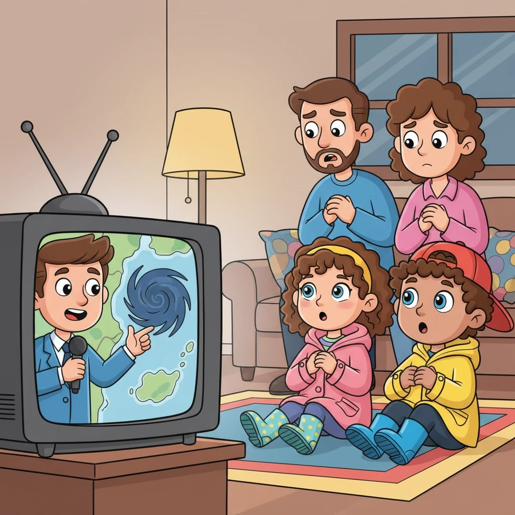 Later that day, grown-ups gathered around the television, their faces a little worried. A friendly-looking weather reporter on the screen pointed to a swirly cloud on a map. "Hurricane Melissa is on her way!" the reporter announced, making Jane and Peter's eyes grow wide.