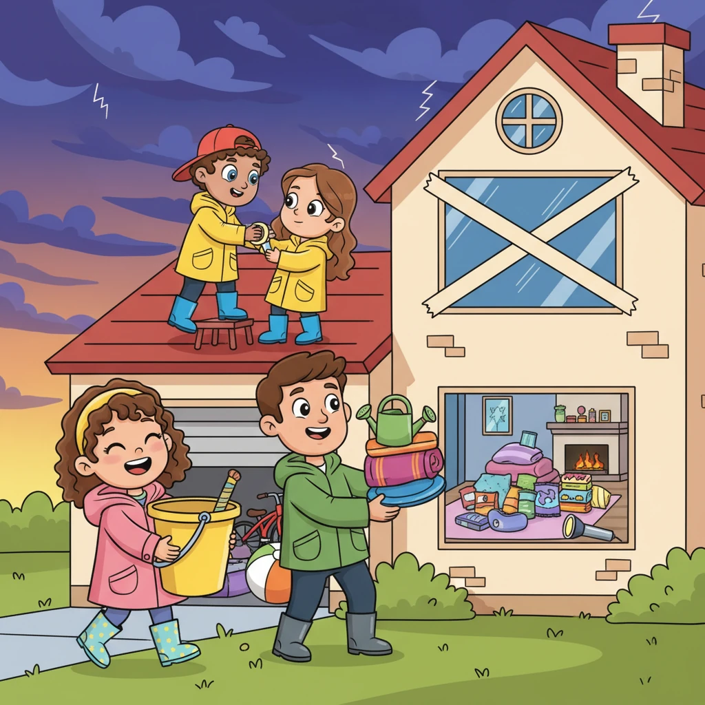 Everyone sprang into action! Jane helped her dad bring in all the outdoor toys, while Peter and his mom taped up windows. They gathered cozy blankets, yummy snacks, and bright flashlights, making their homes ready for the big storm. It felt like preparing for a very unusual camping trip.