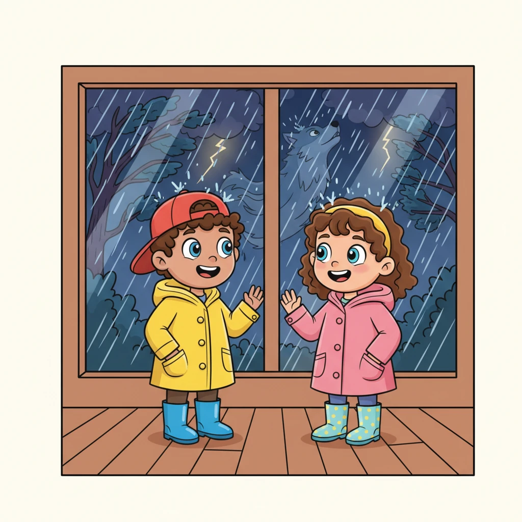 As evening fell, Hurricane Melissa began to dance. The wind howled like a friendly, giant wolf, and rain splattered against the windows in big, exciting drops. Jane and Peter watched from inside, feeling a little bit scared but mostly safe and curious.