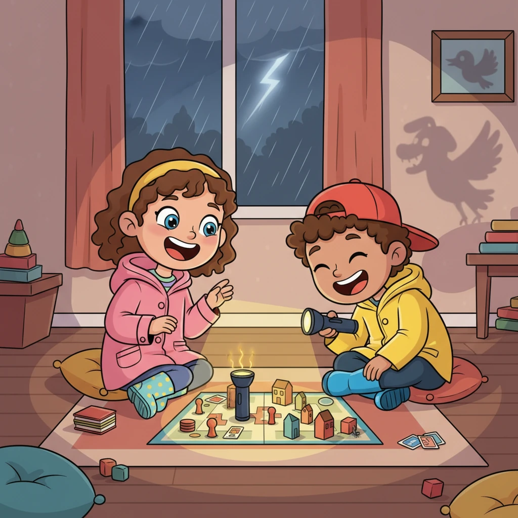 Inside their homes, Jane and Peter played board games by the flickering light of flashlights. They made silly shadow puppets on the wall, turning the stormy night into a cozy, magical adventure. The sound of the wind outside just made their laughter echo louder.