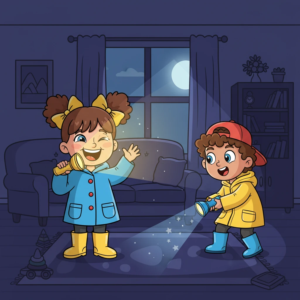 The power went out with a soft 'pop!', plunging the room into darkness. But Jane quickly grabbed her trusty flashlight, making funny faces with its beam. Peter, with his own light, pretended it was a spaceship, ready to explore the moonlit living room.