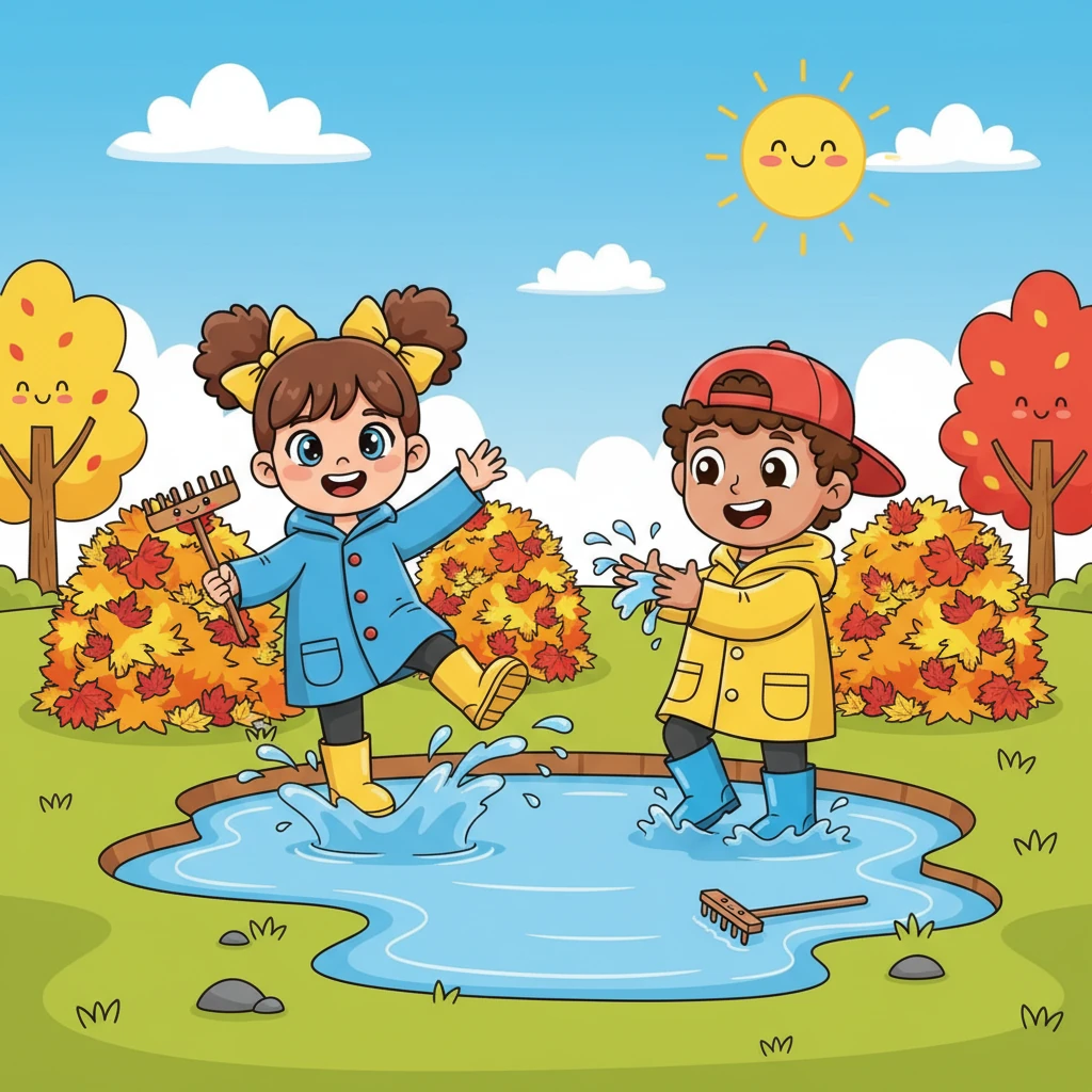 Jane and Peter, with tiny rakes and big smiles, helped sweep leaves into colorful piles. When their work was done, they splashed happily in a giant puddle, grateful for the sunshine and for all their friends and family being safe and sound after Melissa's big dance.