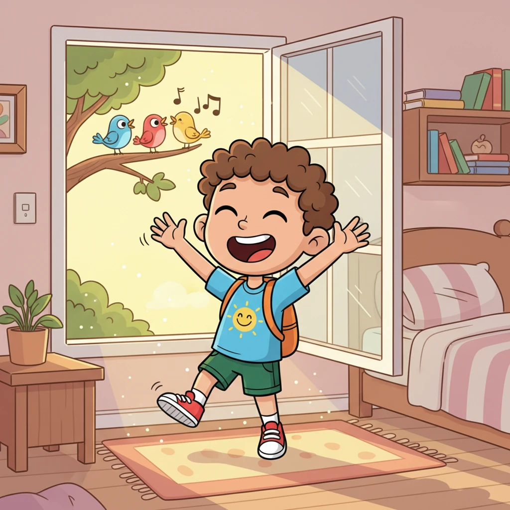 Liam stretched with a wide smile as he woke up. Bright sunlight streamed through his open window, filling his cozy bedroom with warmth. Outside, a chorus of colorful birds sang a cheerful morning song, welcoming a brand new day.