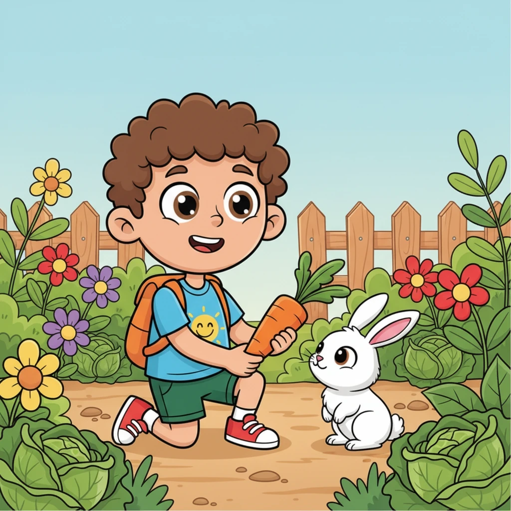 Stepping into his vibrant garden, Liam noticed a fluffy white rabbit hopping among the green plants. The little bunny seemed to be searching for a tasty snack. With a gentle smile, Liam carefully offered it a crisp, orange carrot.
