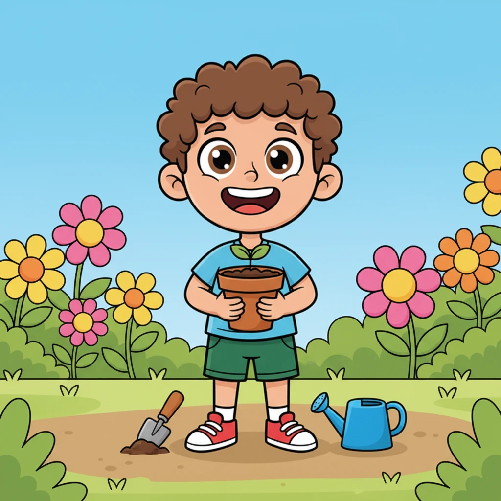 Inspired by the garden's beauty, Liam decided to plant his very own flower. He held a small pot filled with rich soil, ready to begin his new project. Gardening tools lay neatly beside him, waiting to help him learn and grow.