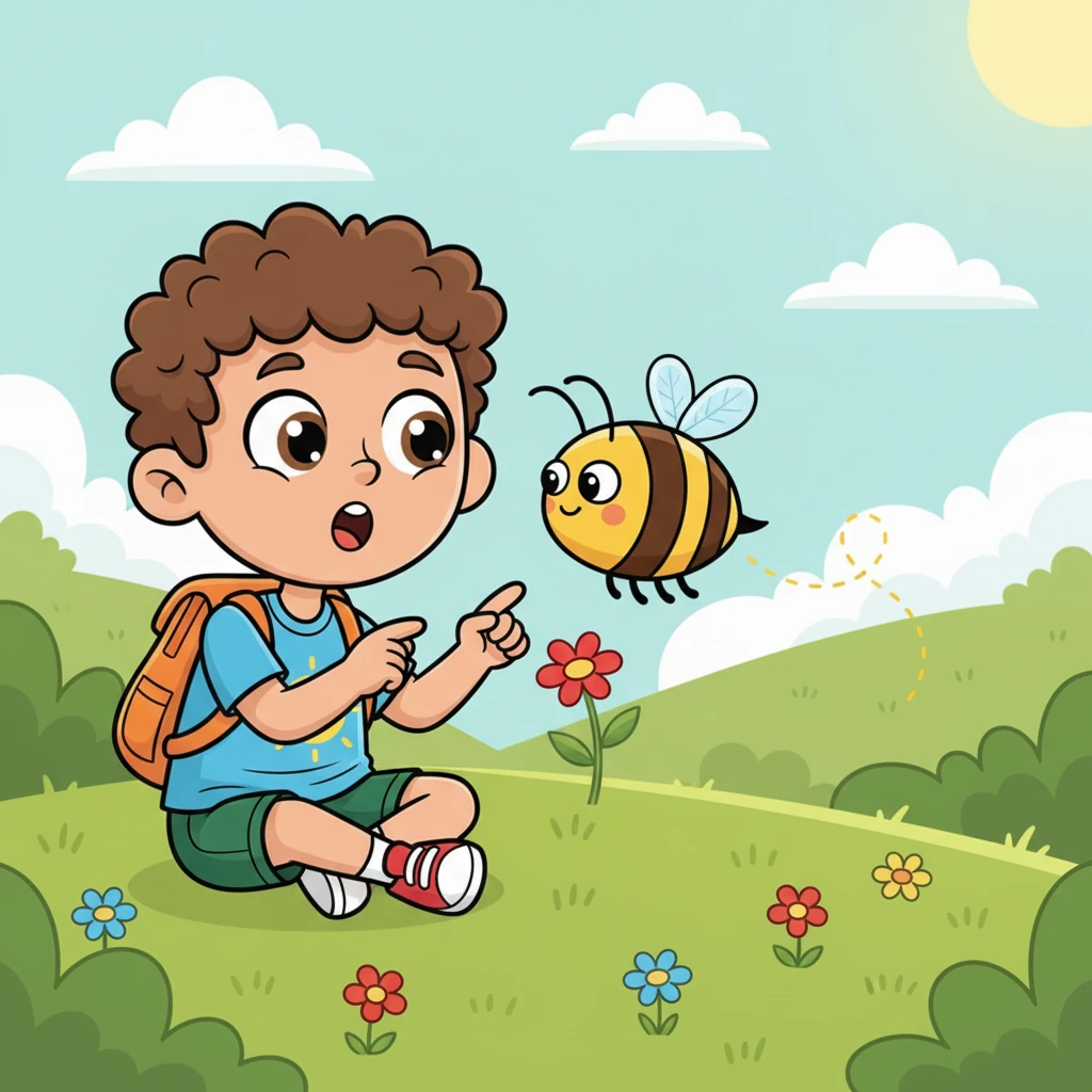 As Liam sat on the soft grass, a busy yellow-and-black bee buzzed gently past him. It danced from flower to flower, diligently searching for sweet nectar. Liam watched the tiny creature with wide, curious eyes, marveling at its delicate work.